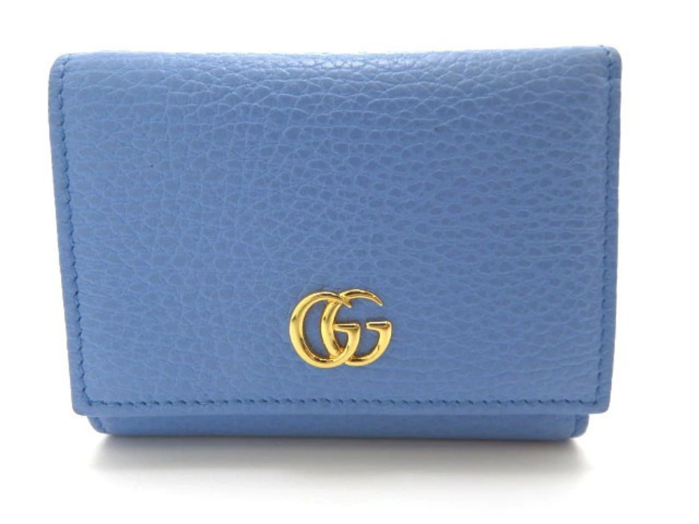 Gucci GG Marmont Tri fold Wallet Double Snap Closure Blue Leather